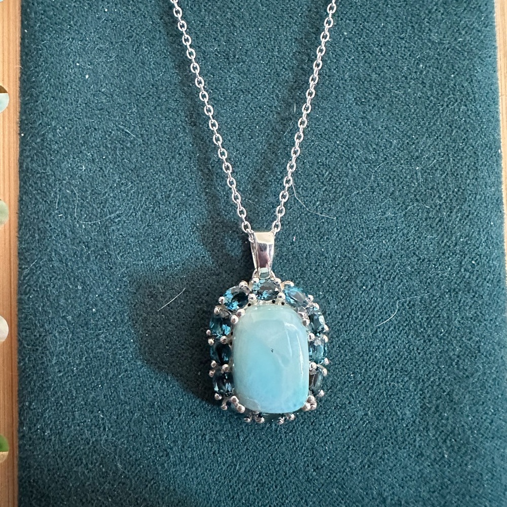 Sterling Silver Larimar surrounded by Blue Topaz on an 18” Chain